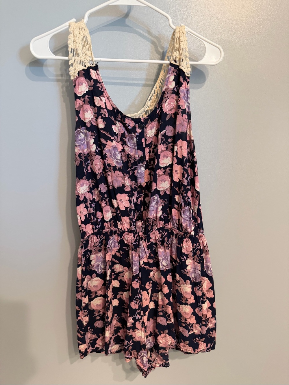 Rue21 Navy Floral Romper with Pink & Lavender Flowers